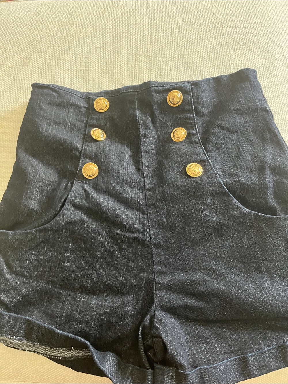 High-Waist Navy Sailor Shorts with Gold Button Detail